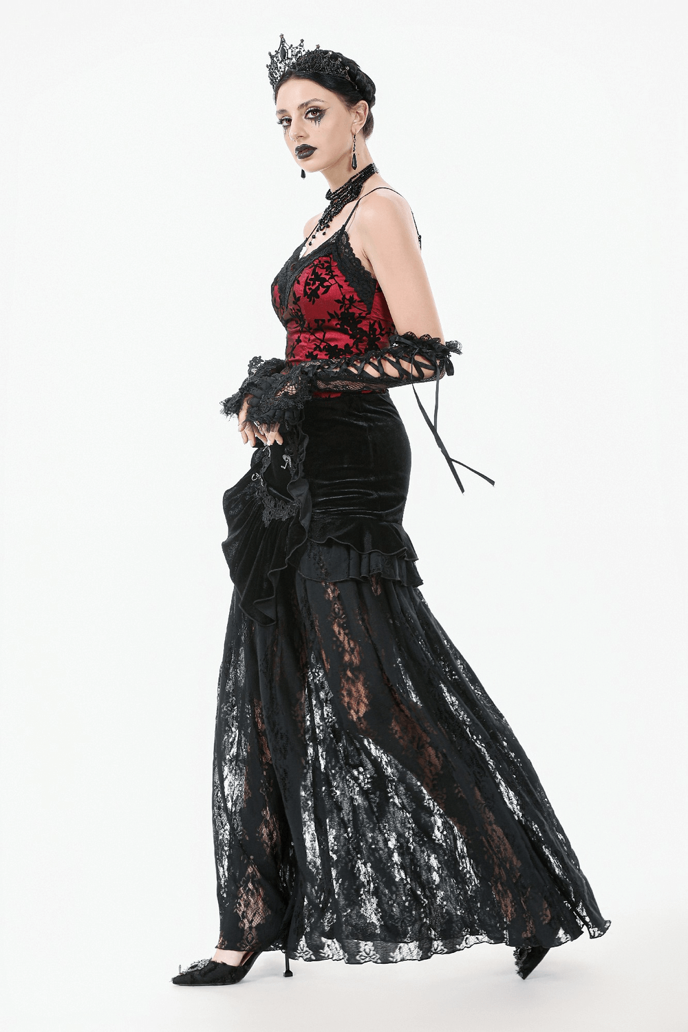 Women's Black Velvet and Lace Maxi Skirt with Corset Back