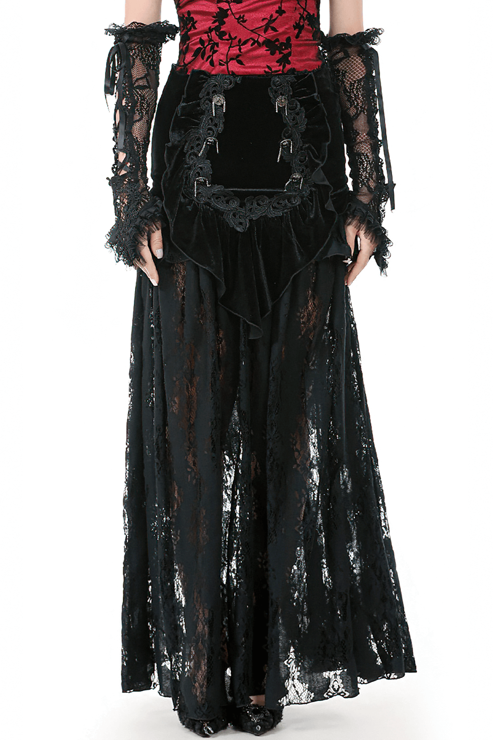 Women's Black Velvet and Lace Maxi Skirt with Corset Back