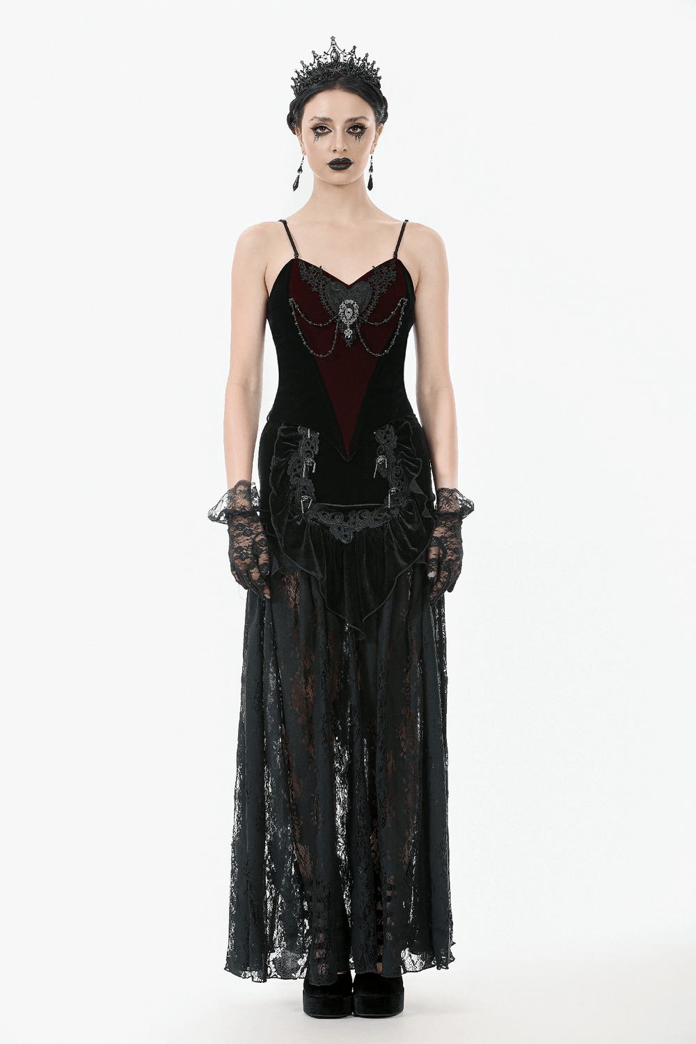 Women's Black Velvet and Lace Maxi Skirt with Corset Back