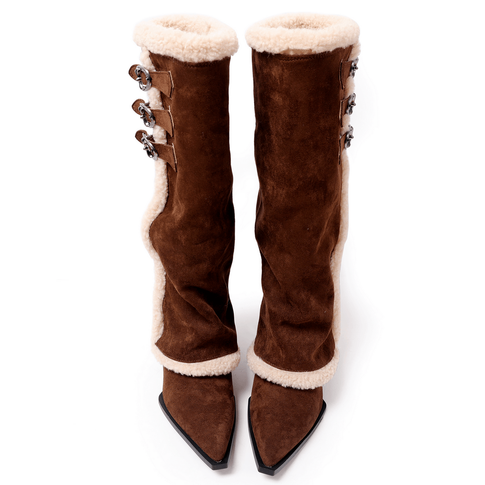 Women's Brown Fur Trim Buckle Knee-High Boots