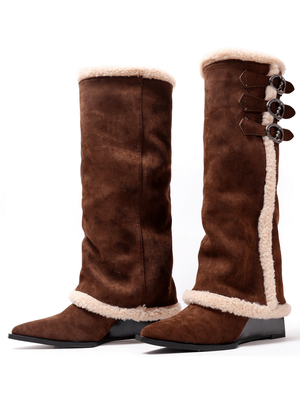 Women's Brown Fur Trim Buckle Knee-High Boots