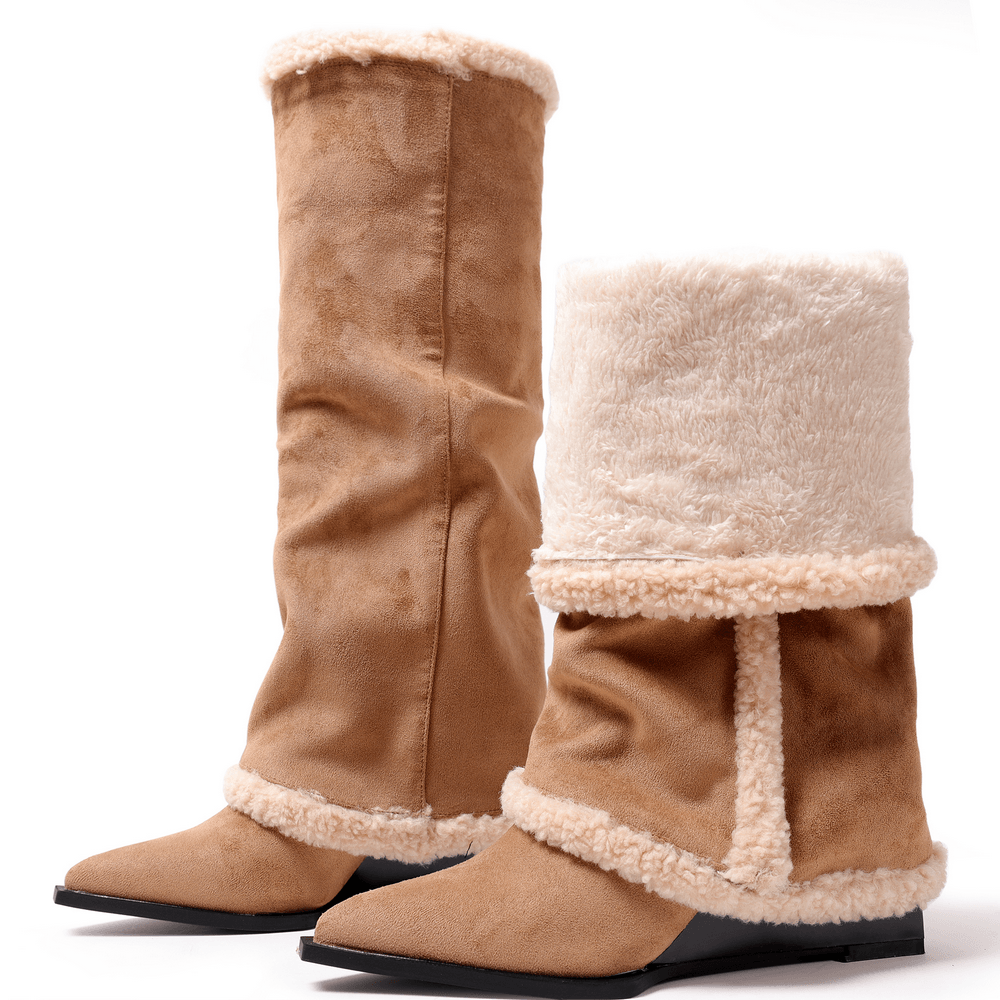 Women's Brown Fur Trim Buckle Knee-High Boots