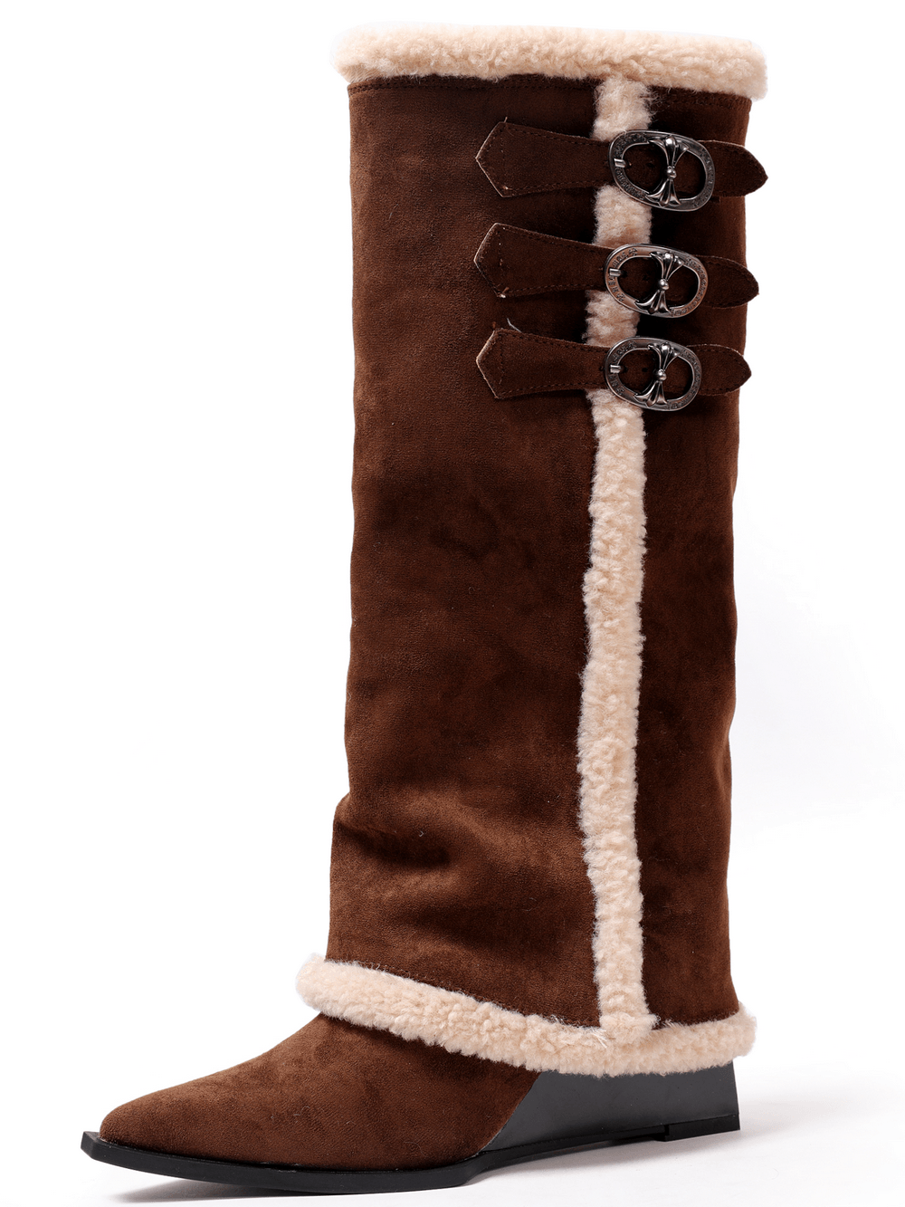 Women's Brown Fur Trim Buckle Knee-High Boots