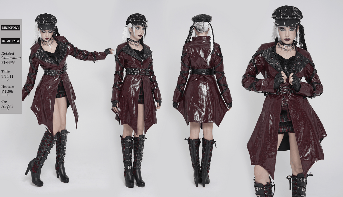 Women's Burgundy Faux Leather Harness Long Coat
