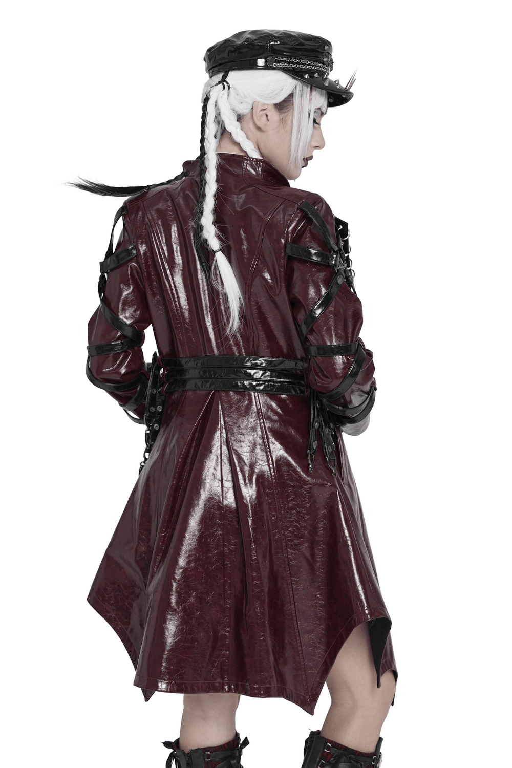Women's Burgundy Faux Leather Harness Long Coat