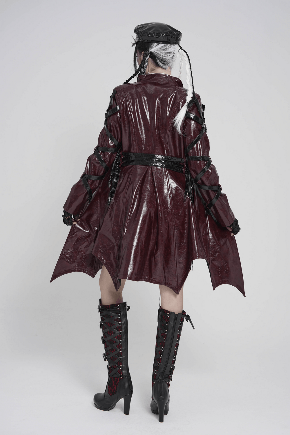Women's Burgundy Faux Leather Harness Long Coat