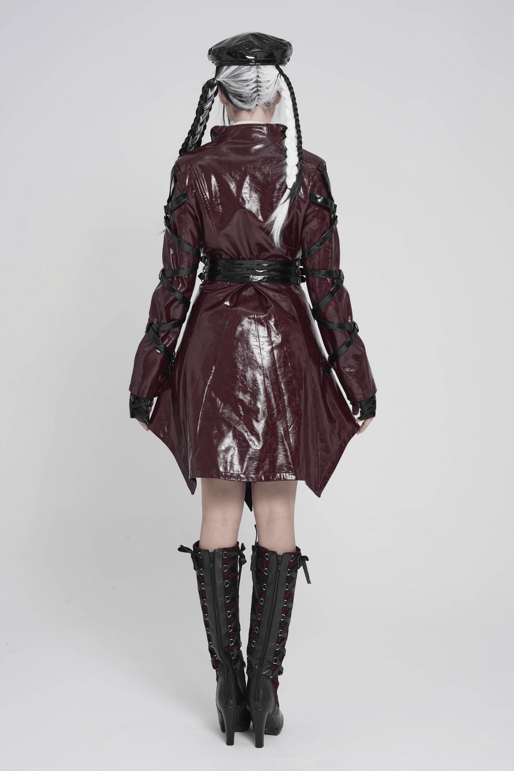 Women's Burgundy Faux Leather Harness Long Coat