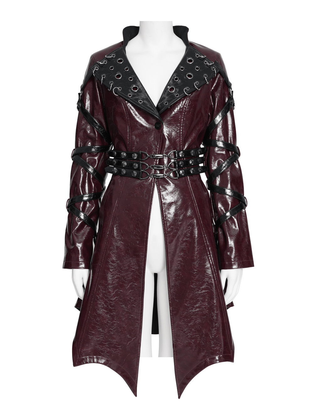 Women's Burgundy Faux Leather Harness Long Coat