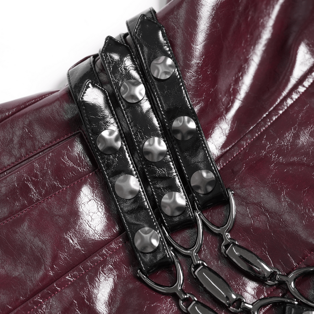 Women's Burgundy Faux Leather Harness Long Coat