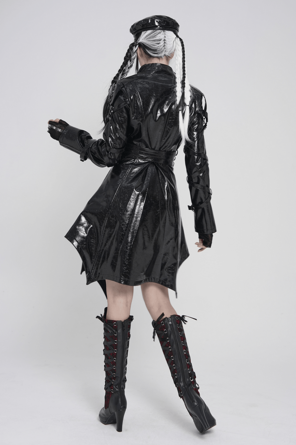 Women's Cyberpunk Patent Look Trench with Buckles