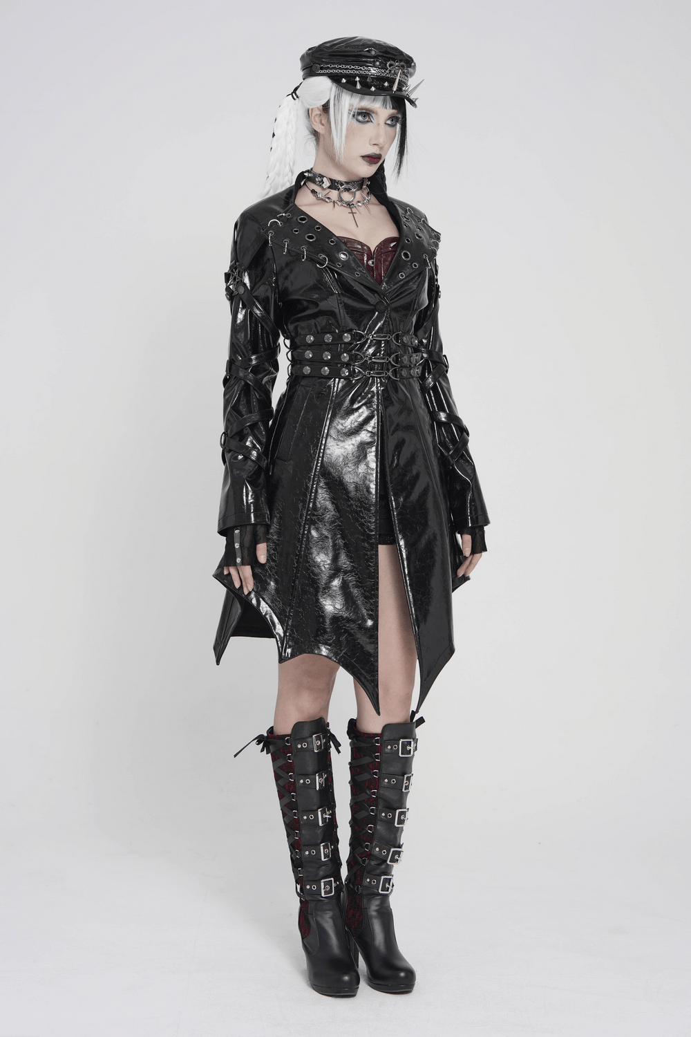 Women's Cyberpunk Patent Look Trench with Buckles