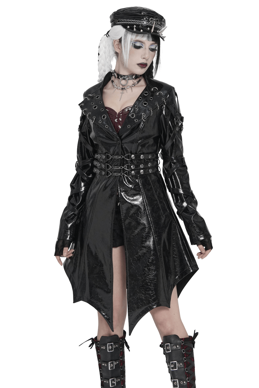Women's Cyberpunk Patent Look Trench with Buckles