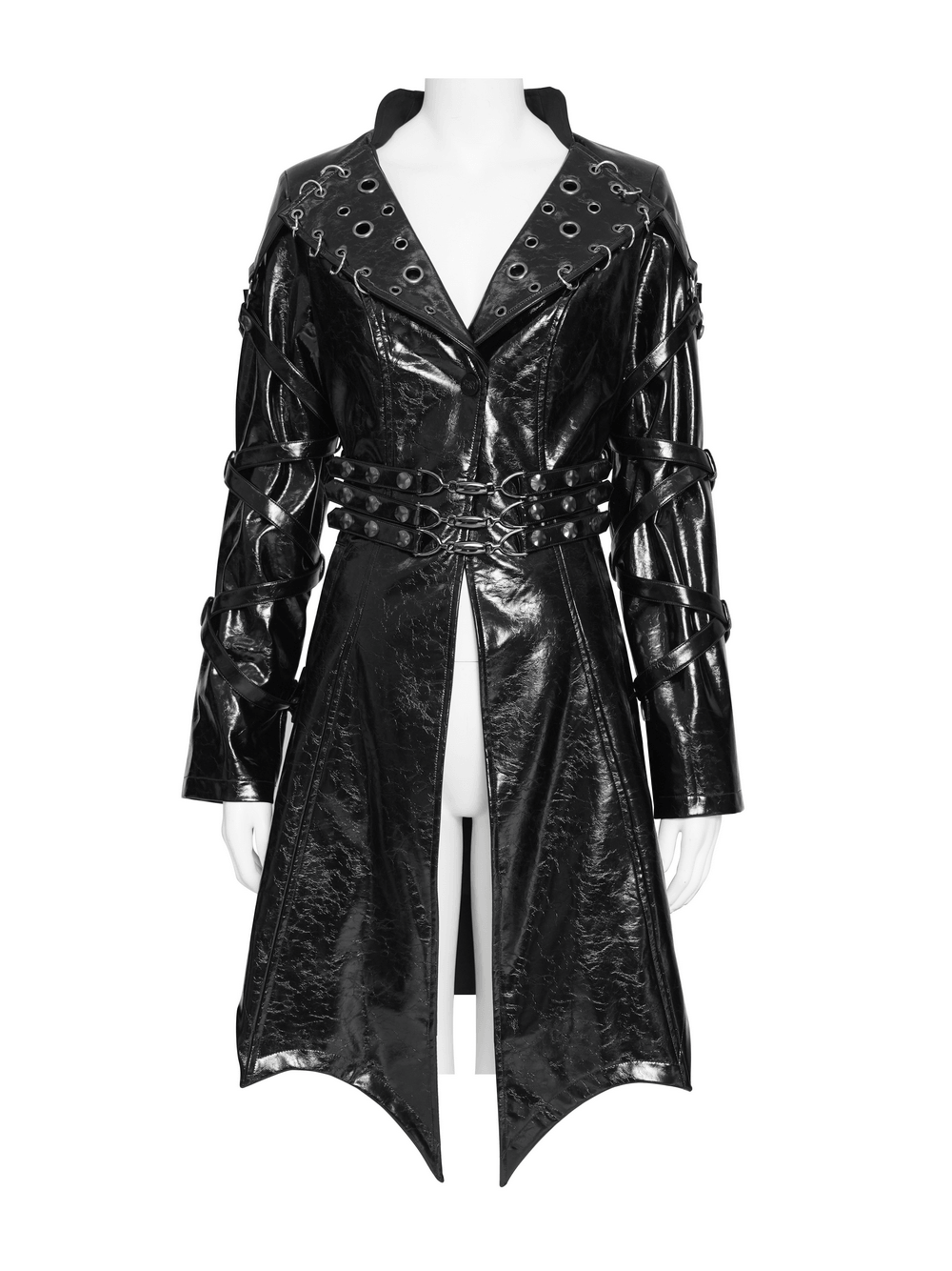 Women's Cyberpunk Patent Look Trench with Buckles