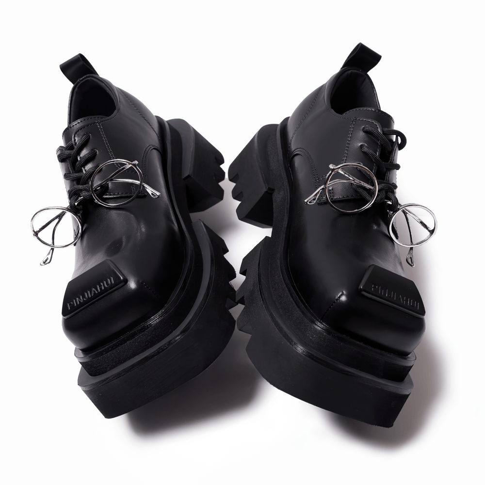Women's Dark Derby Shoes with Novelty Silver Eyewear Charm
