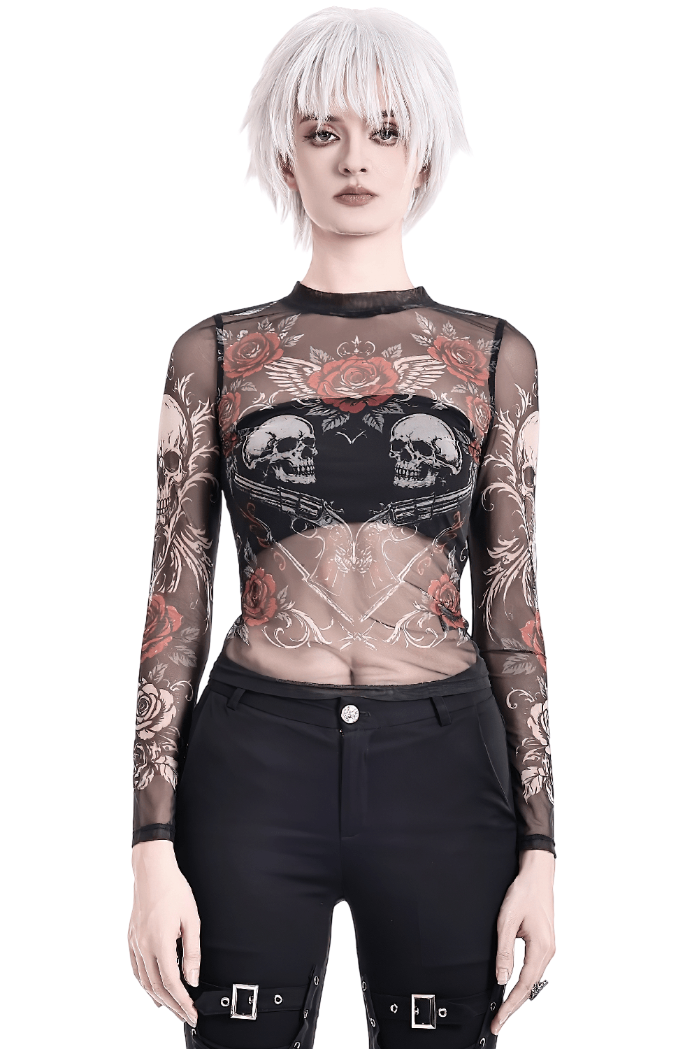 Women's Dark Romantic Wing Print Tattoo Mesh Top