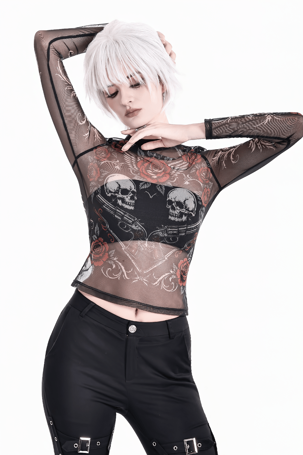Women's Dark Romantic Wing Print Tattoo Mesh Top