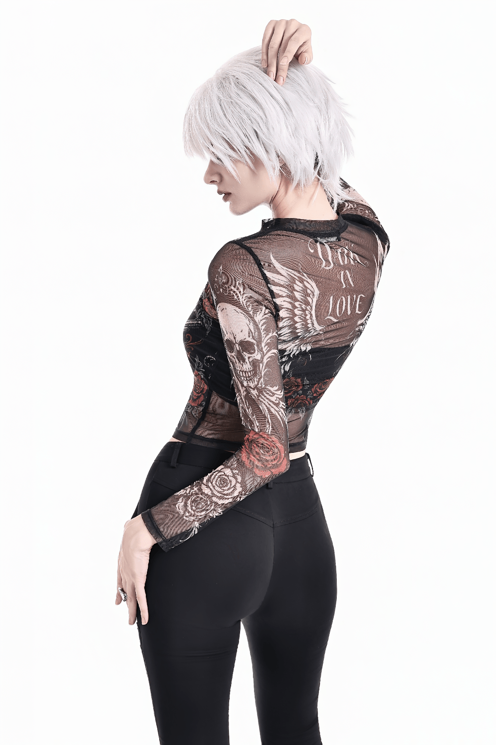 Women's Dark Romantic Wing Print Tattoo Mesh Top
