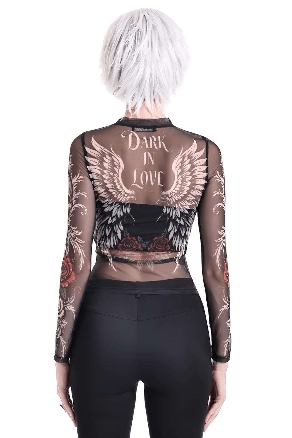 Women's Dark Romantic Wing Print Tattoo Mesh Top