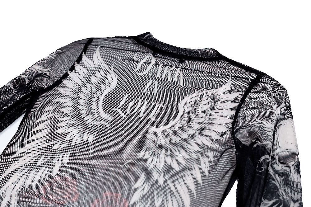 Women's Dark Romantic Wing Print Tattoo Mesh Top