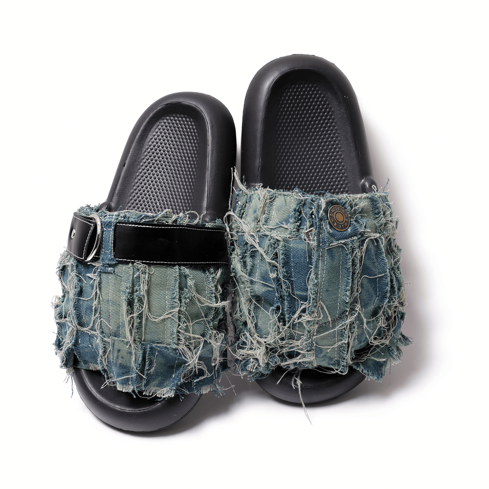 Women's Distressed Denim Grunge Slides with Ring Strap Trim