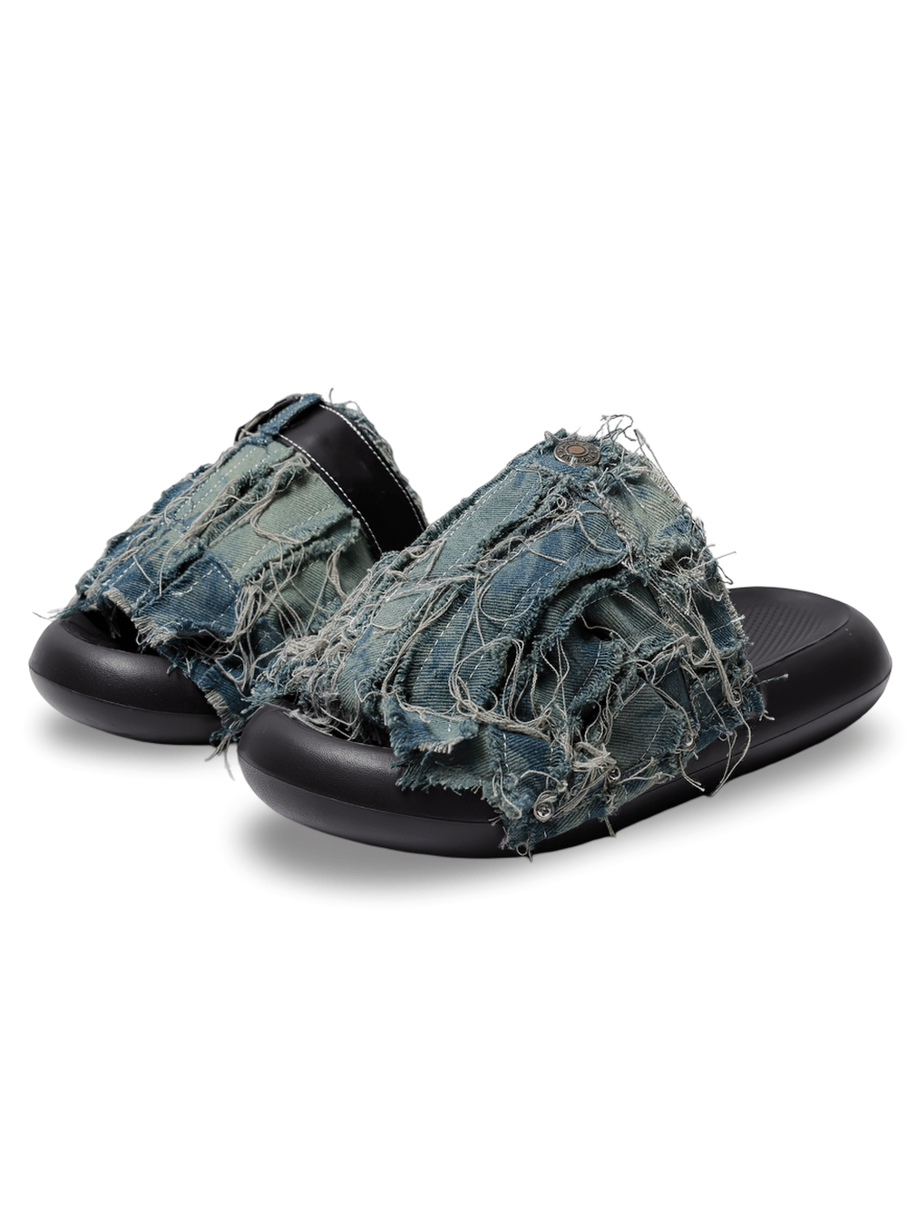 Women's Distressed Denim Grunge Slides with Ring Strap Trim