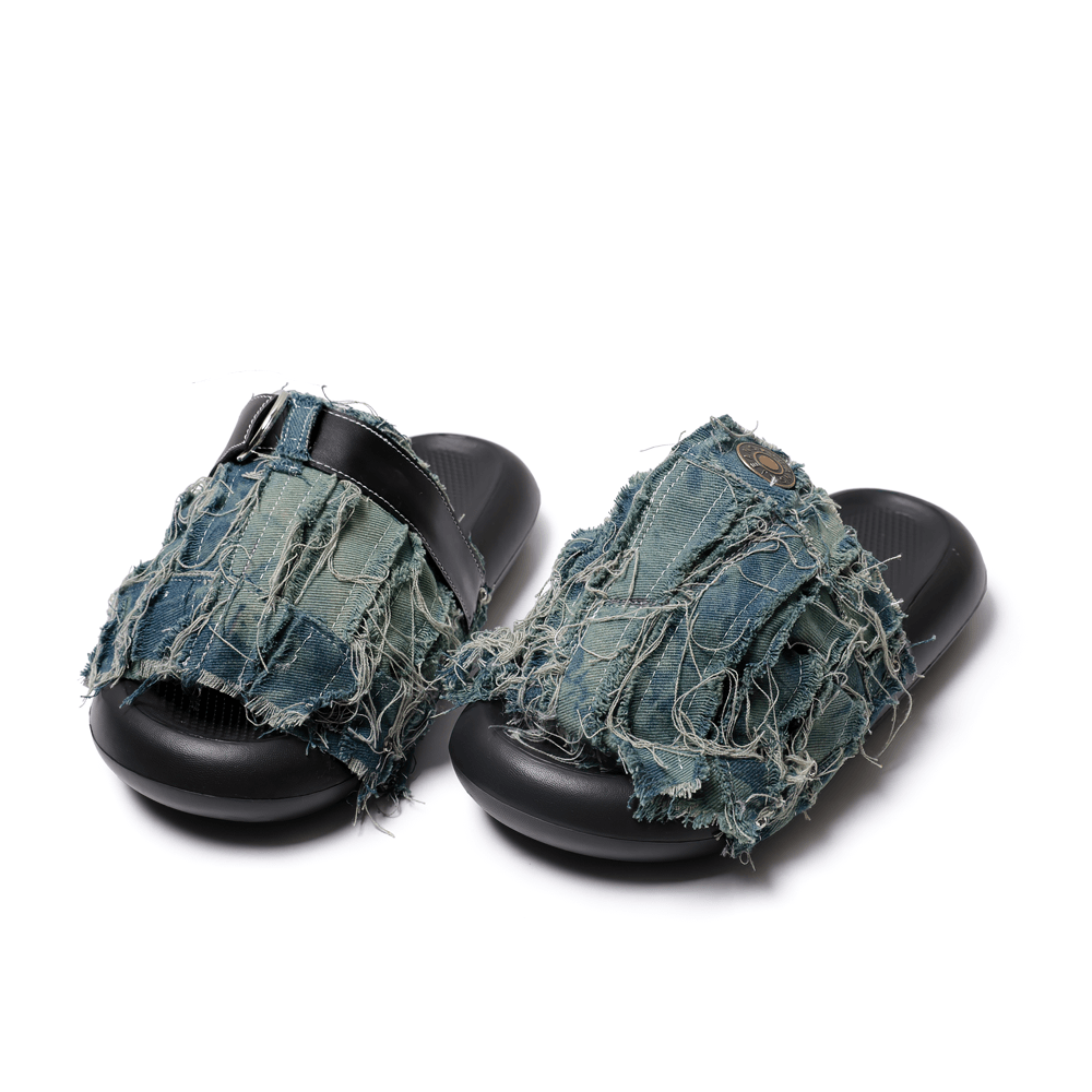 Women's Distressed Denim Grunge Slides with Ring Strap Trim
