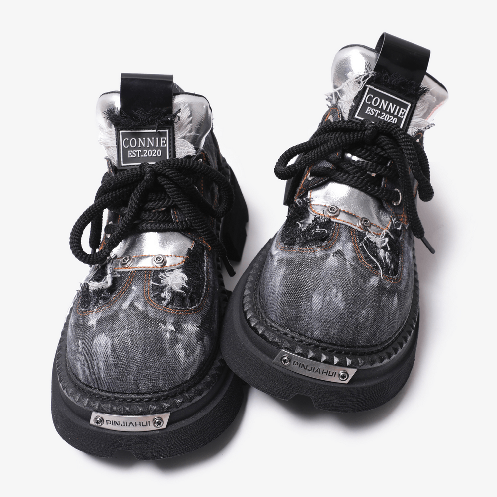 Women's Distressed Denim Platform Shoes with Silver Tongues