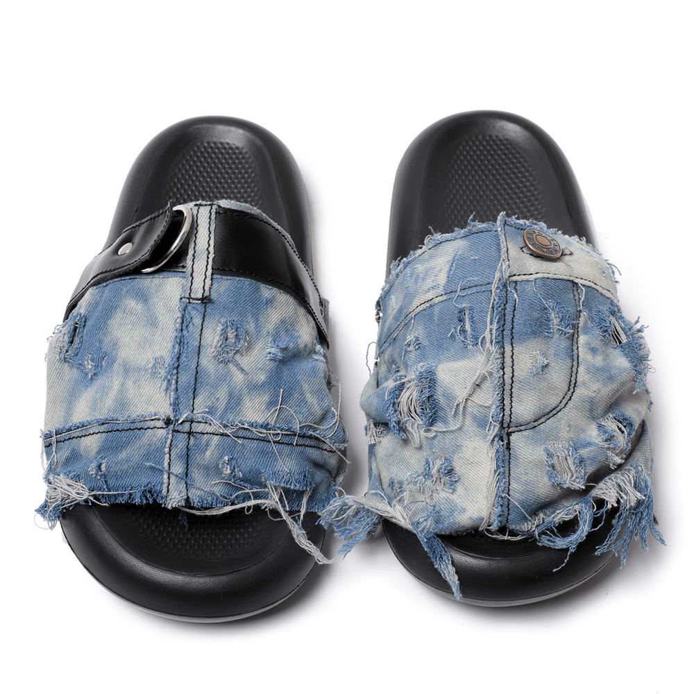 Women's Faded Blue Denim Slide Sandals with Metal Studs