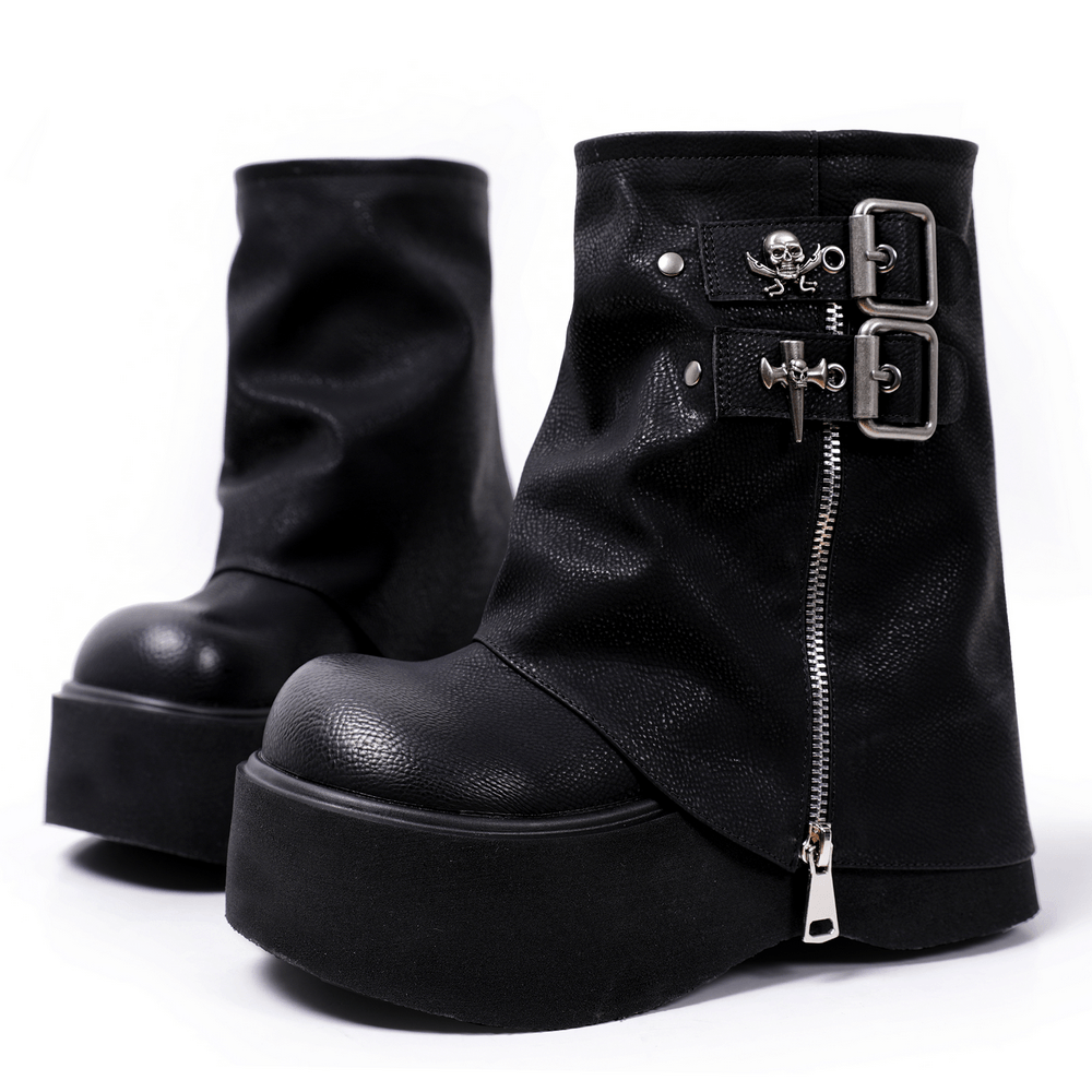 Women's Goth Platform Boots with Buckles and Skull Charms