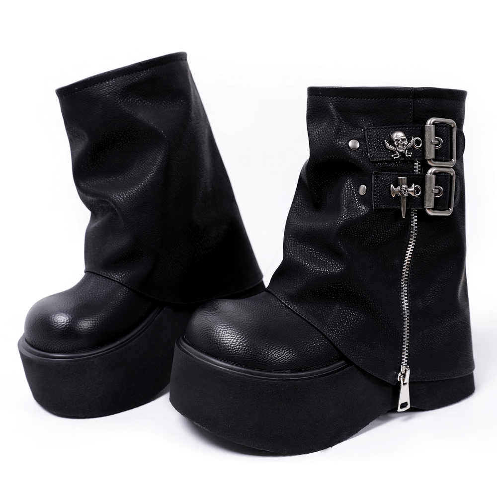 Women's Goth Platform Boots with Buckles and Skull Charms
