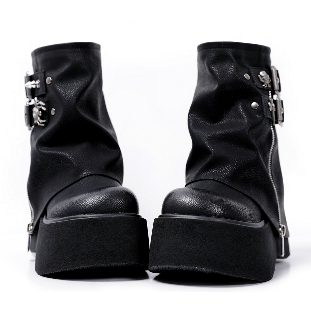 Women's Goth Platform Boots with Buckles and Skull Charms