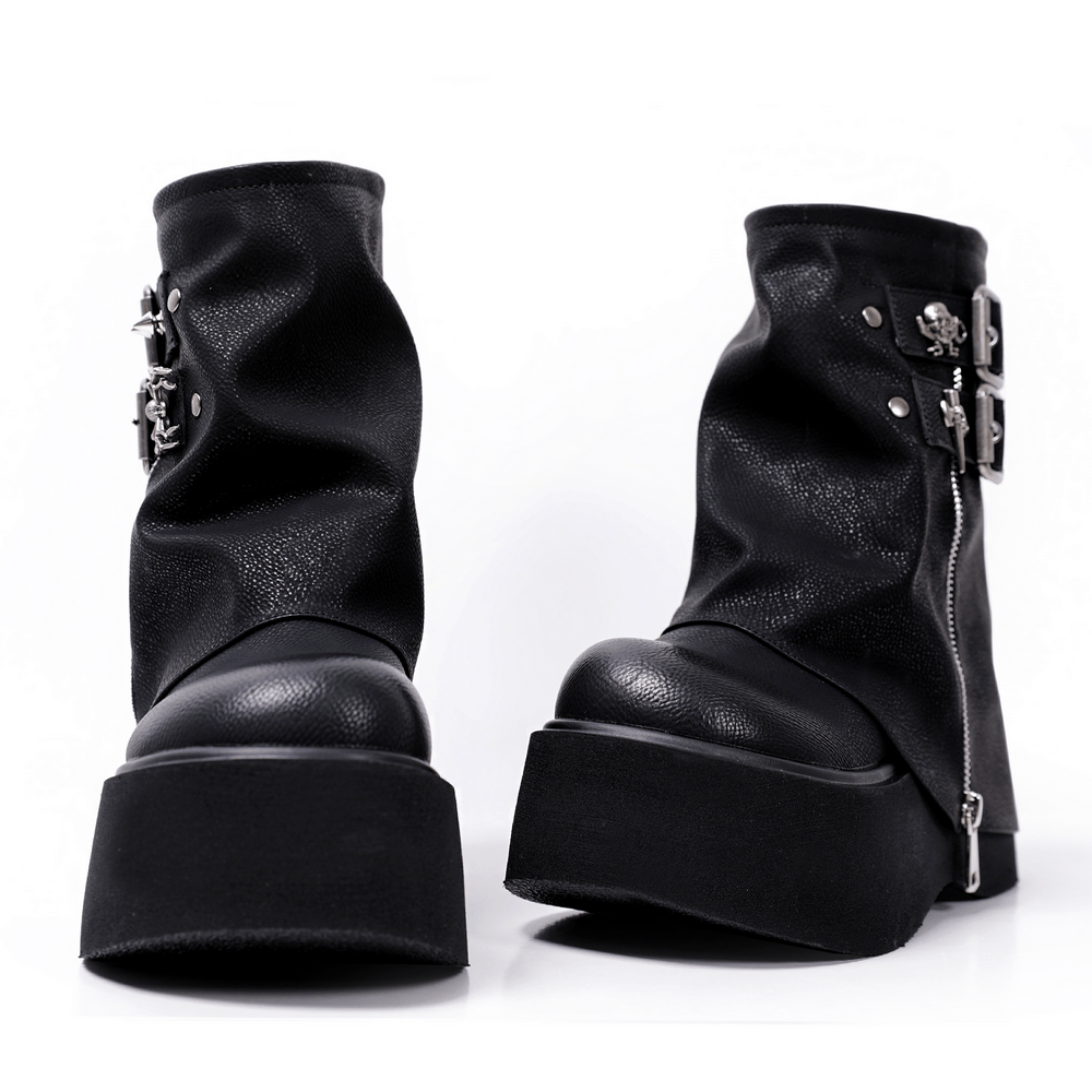 Women's Goth Platform Boots with Buckles and Skull Charms