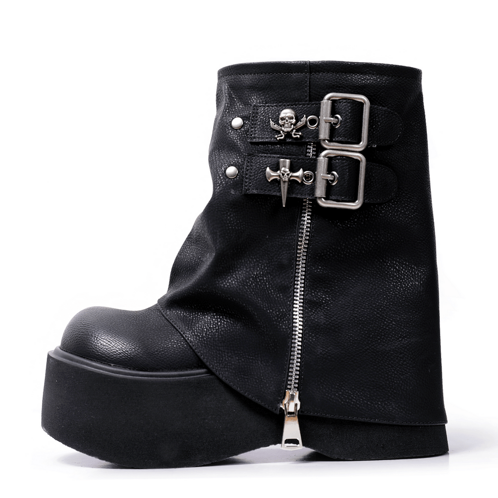 Women's Goth Platform Boots with Buckles and Skull Charms