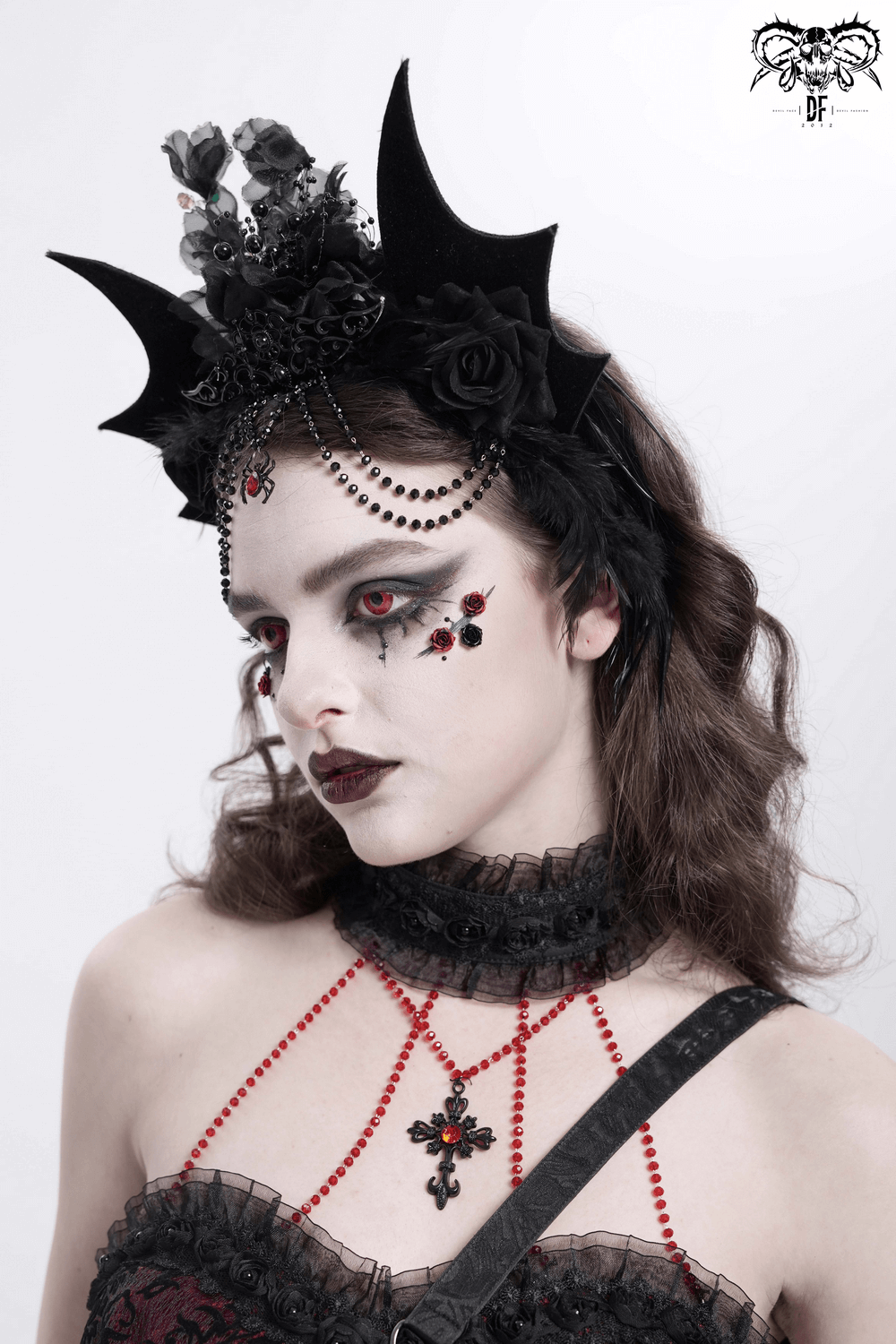 Women's Gothic Bat Crown with Roses and Feathers