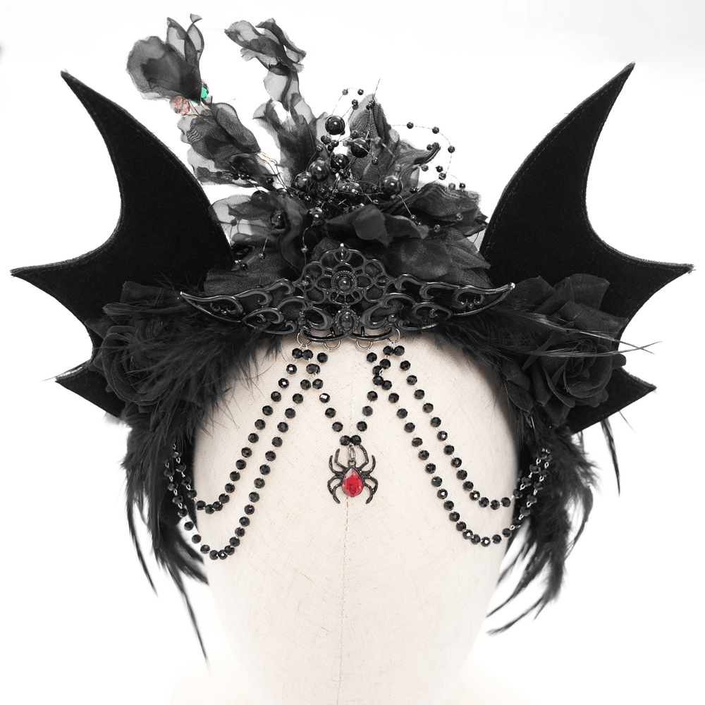 Women's Gothic Bat Crown with Roses and Feathers