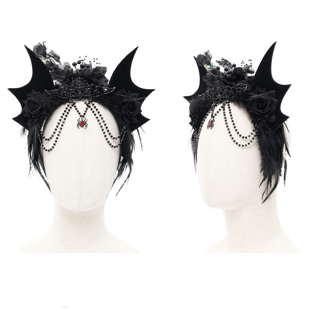 Women's Gothic Bat Crown with Roses and Feathers