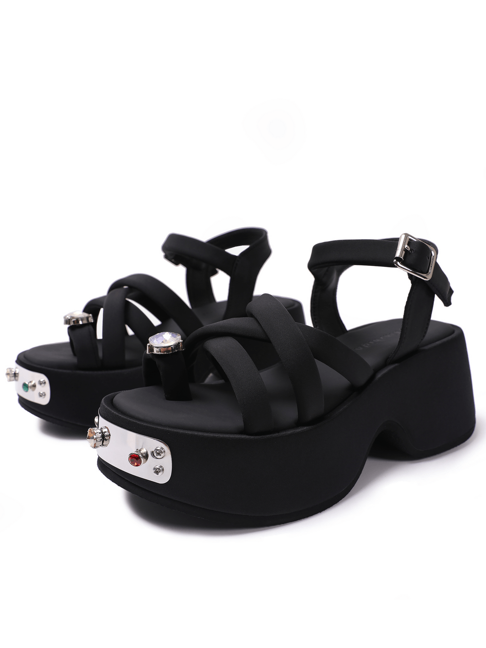 Women's Gothic Black Platform Sandals with Gem Accents