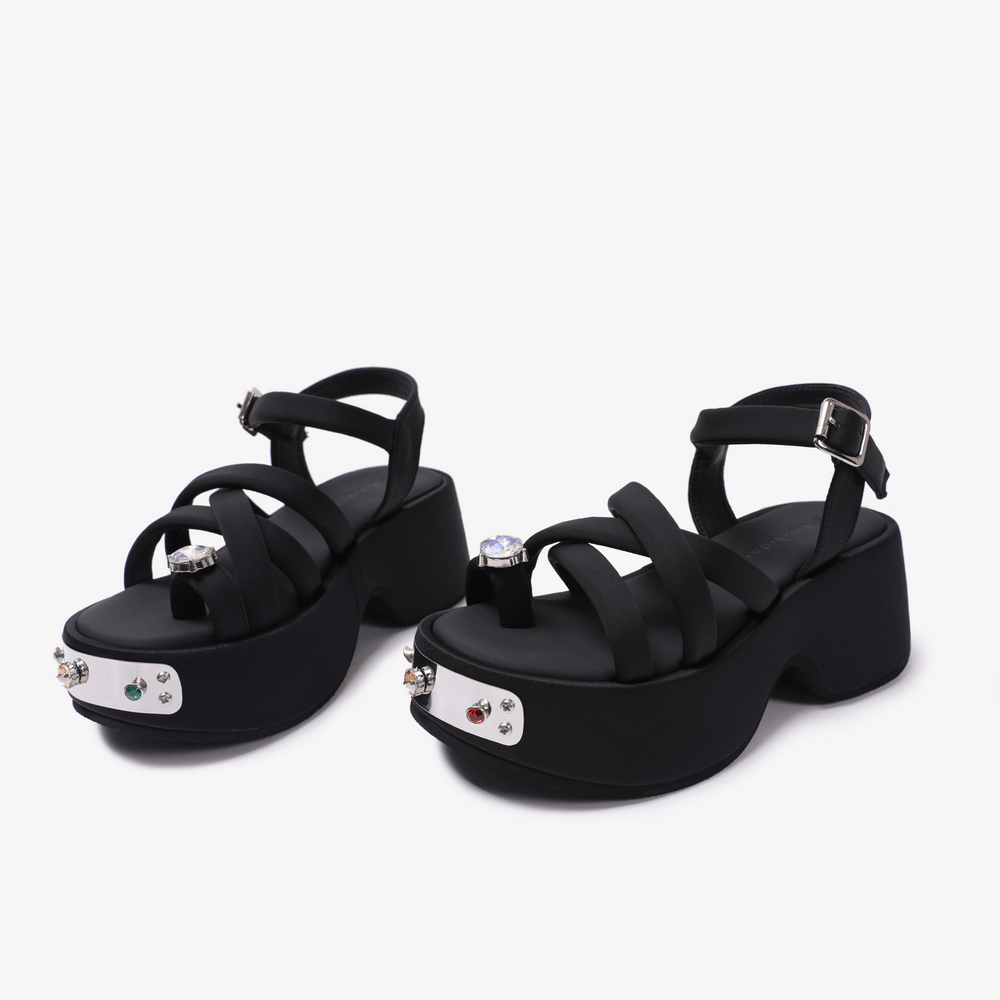 Women's Gothic Black Platform Sandals with Gem Accents