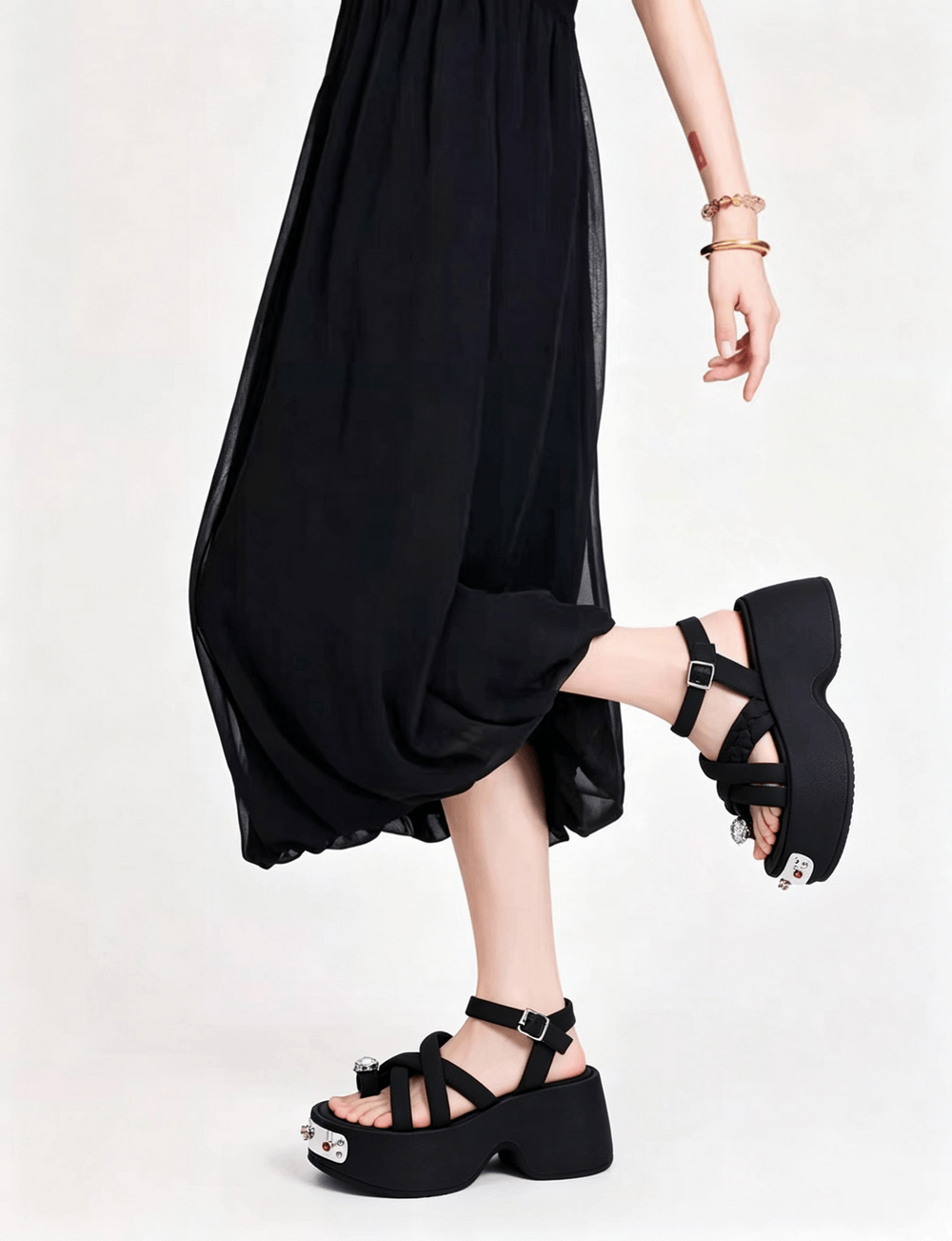 Women's Gothic Black Platform Sandals with Gem Accents