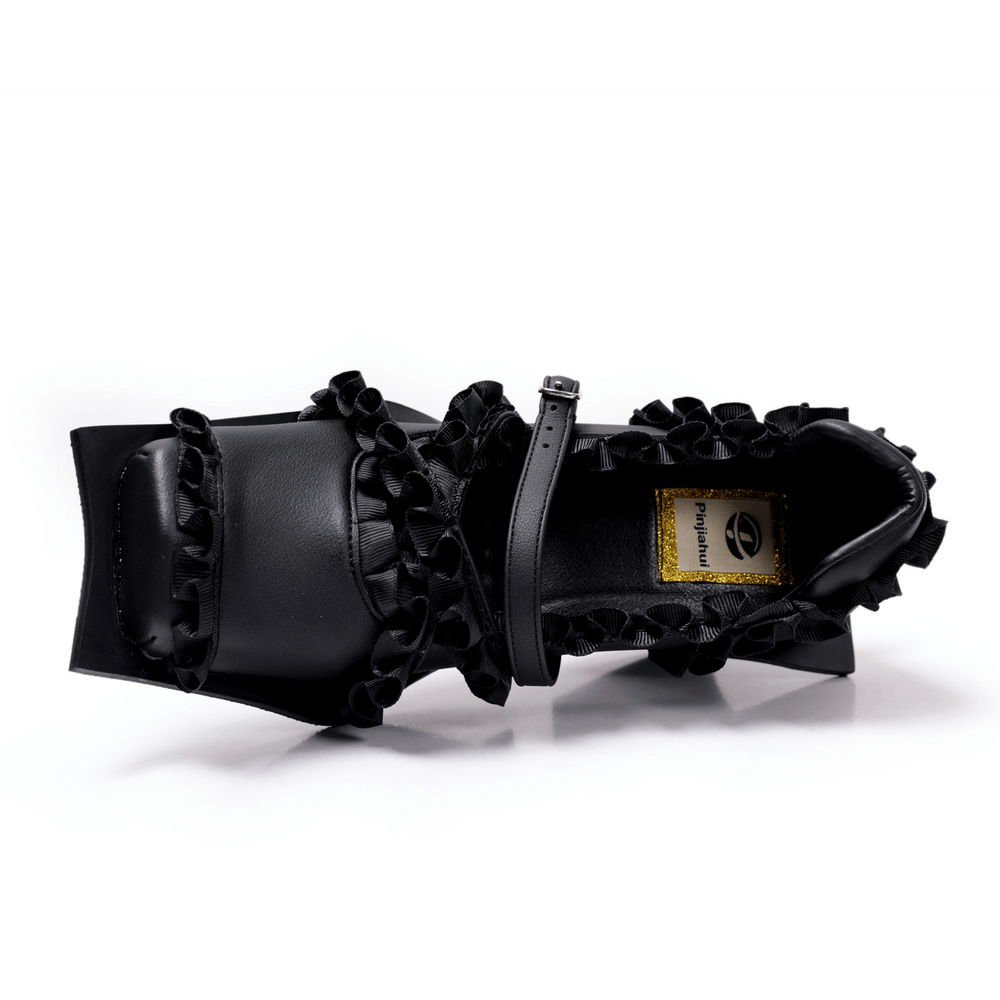 Women's Gothic Black Ruffled Mary Jane Sculptural Heels