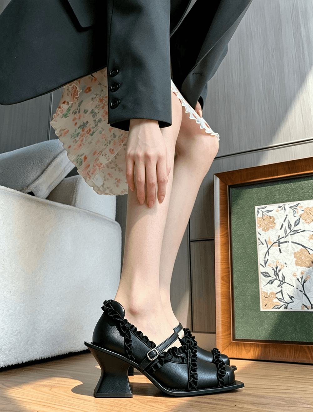 Women's Gothic Black Ruffled Mary Jane Sculptural Heels