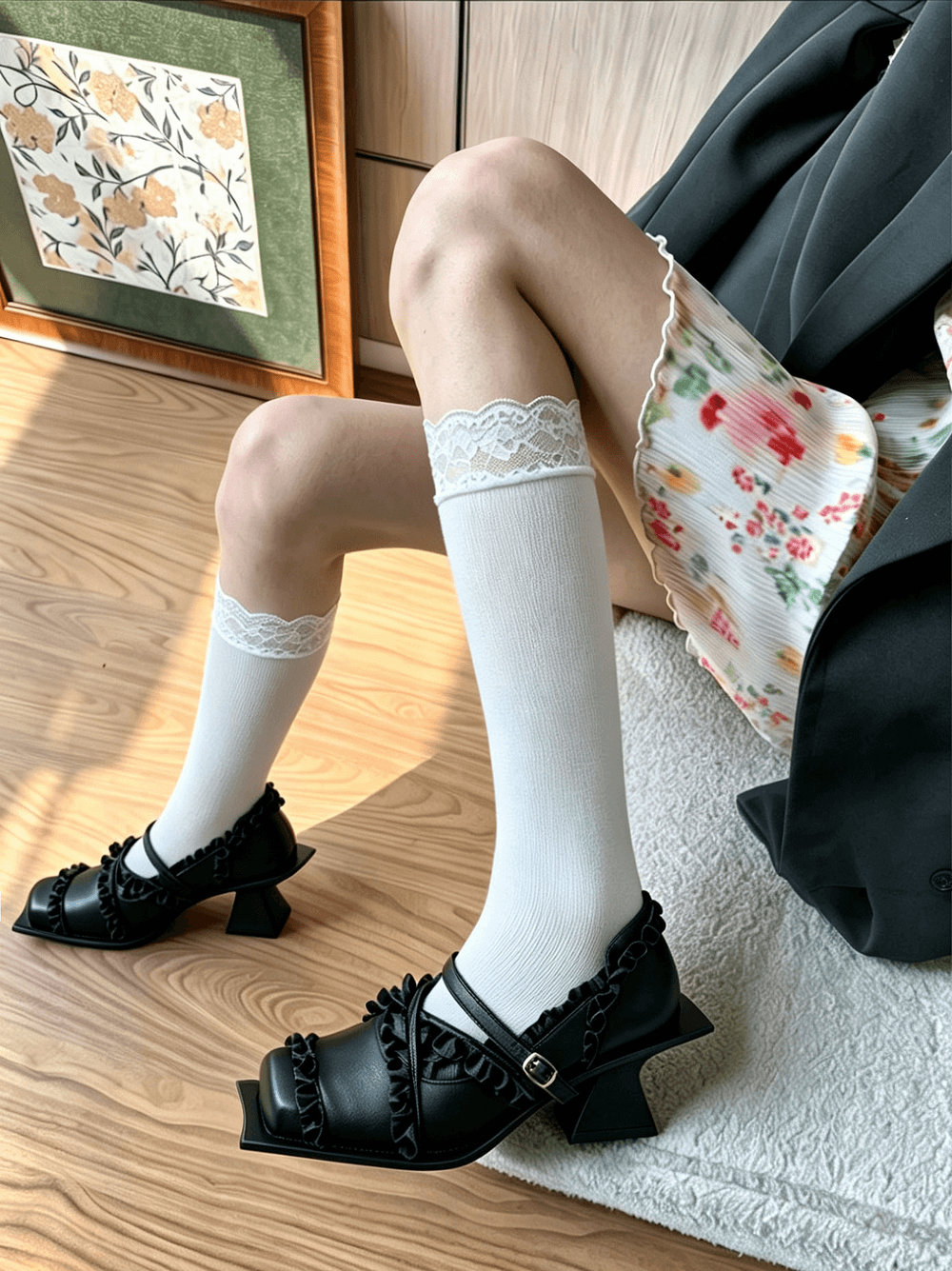 Women's Gothic Black Ruffled Mary Jane Sculptural Heels