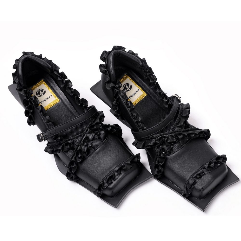 Women's Gothic Black Ruffled Mary Jane Sculptural Heels