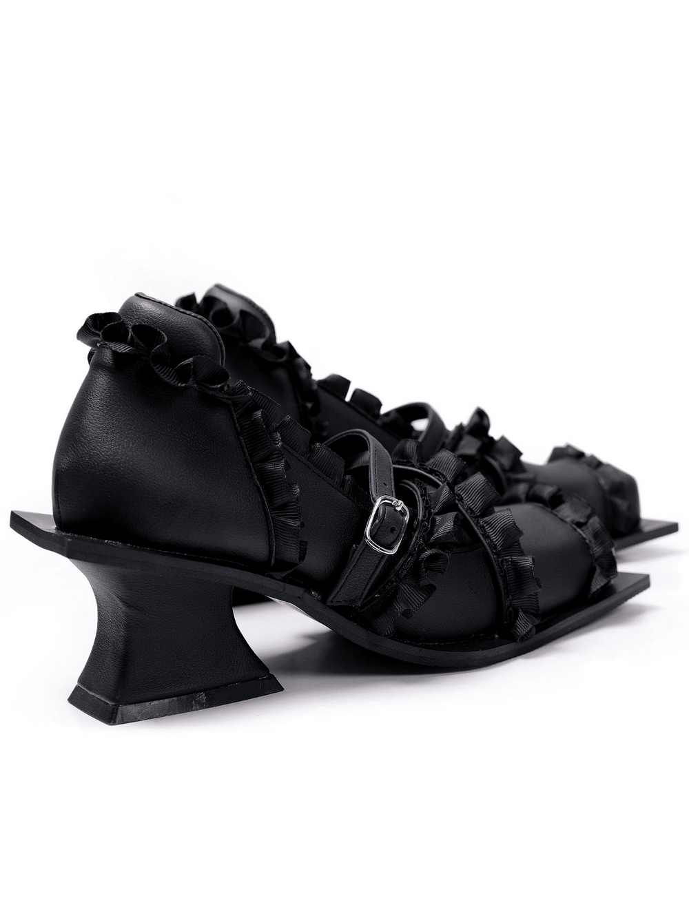 Women's Gothic Black Ruffled Mary Jane Sculptural Heels