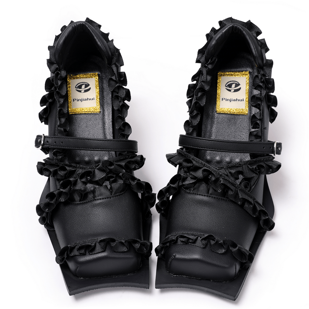 Women's Gothic Black Ruffled Mary Jane Sculptural Heels