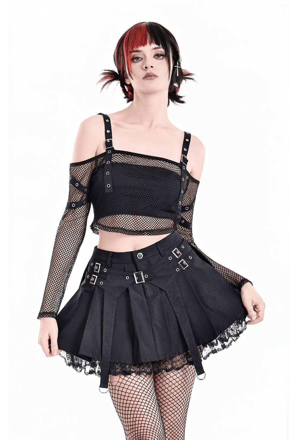 Women's Gothic Buckle Pleated Lace Mini Skirt