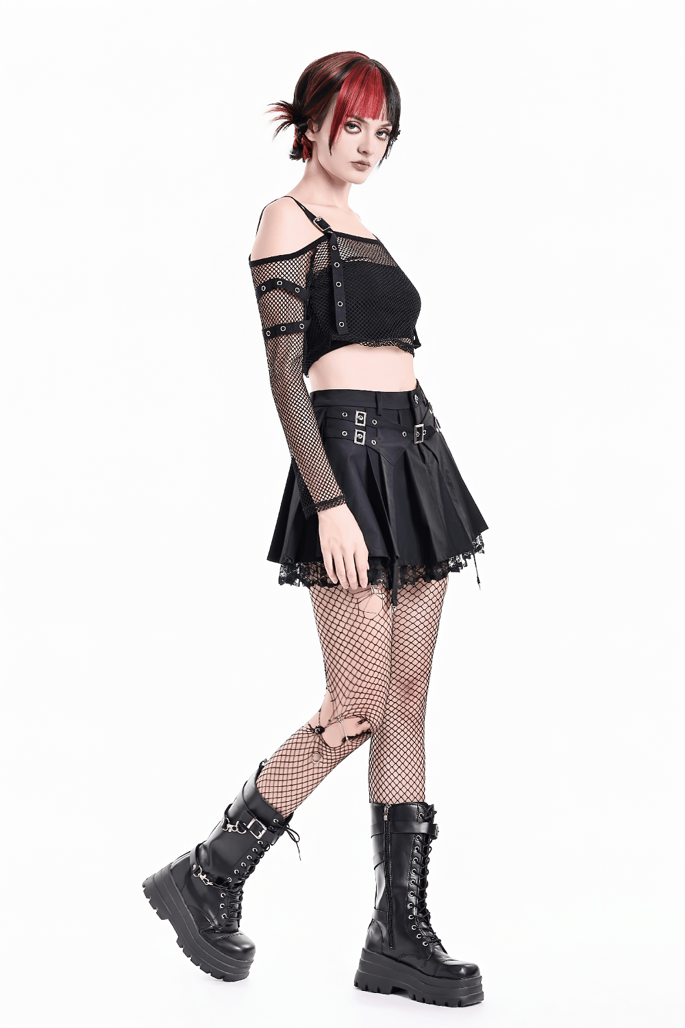 Women's Gothic Buckle Pleated Lace Mini Skirt