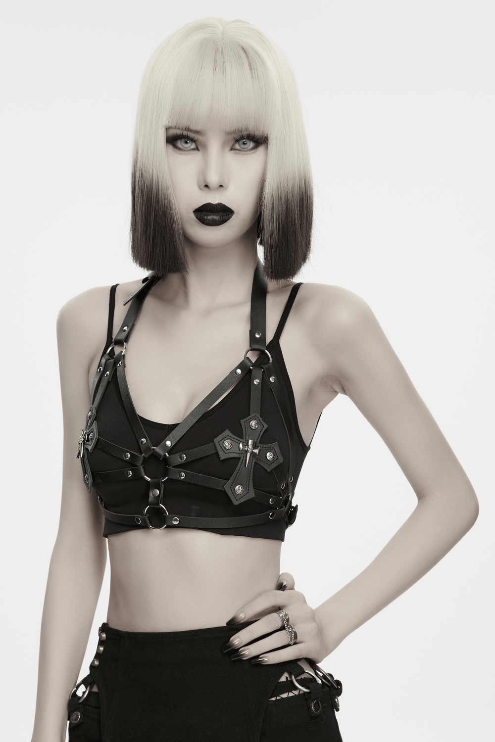 Women's Gothic Cross Harness with Studded Ring Straps
