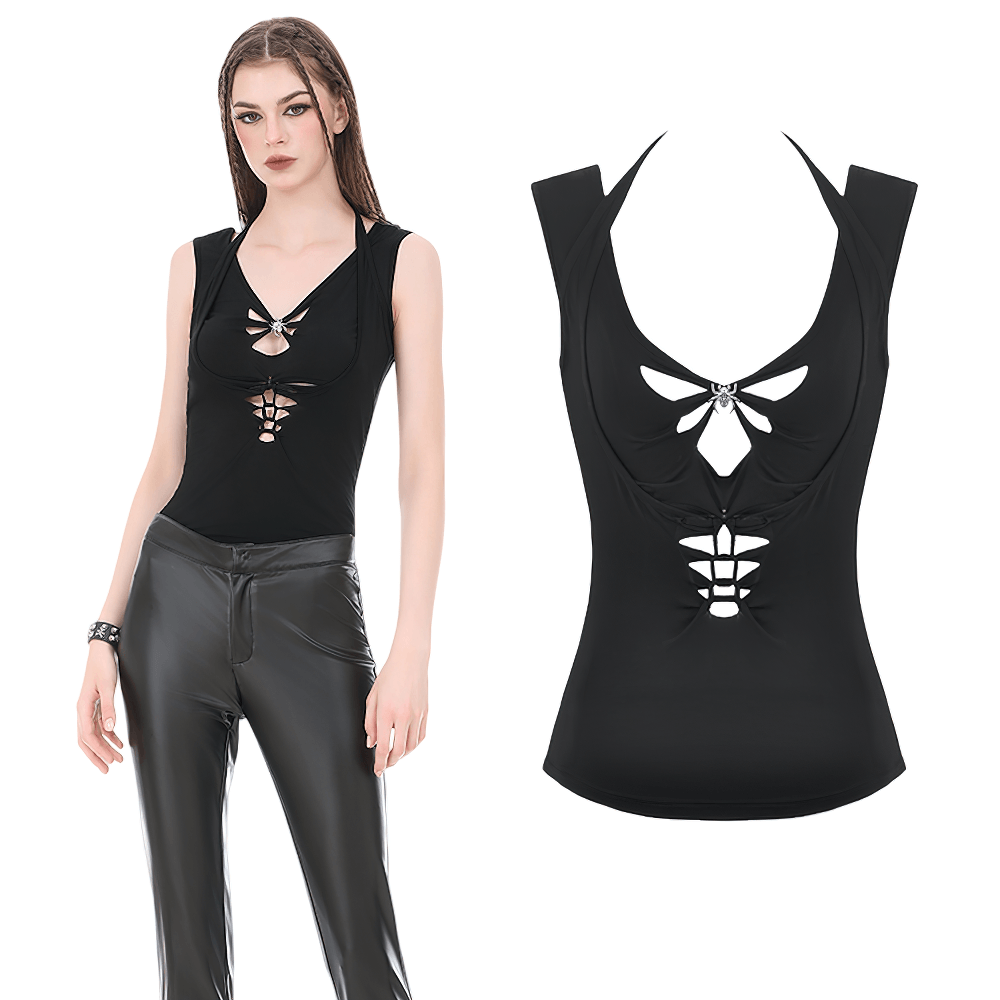 Women's Gothic Cutout Halter Top with Spider Charm