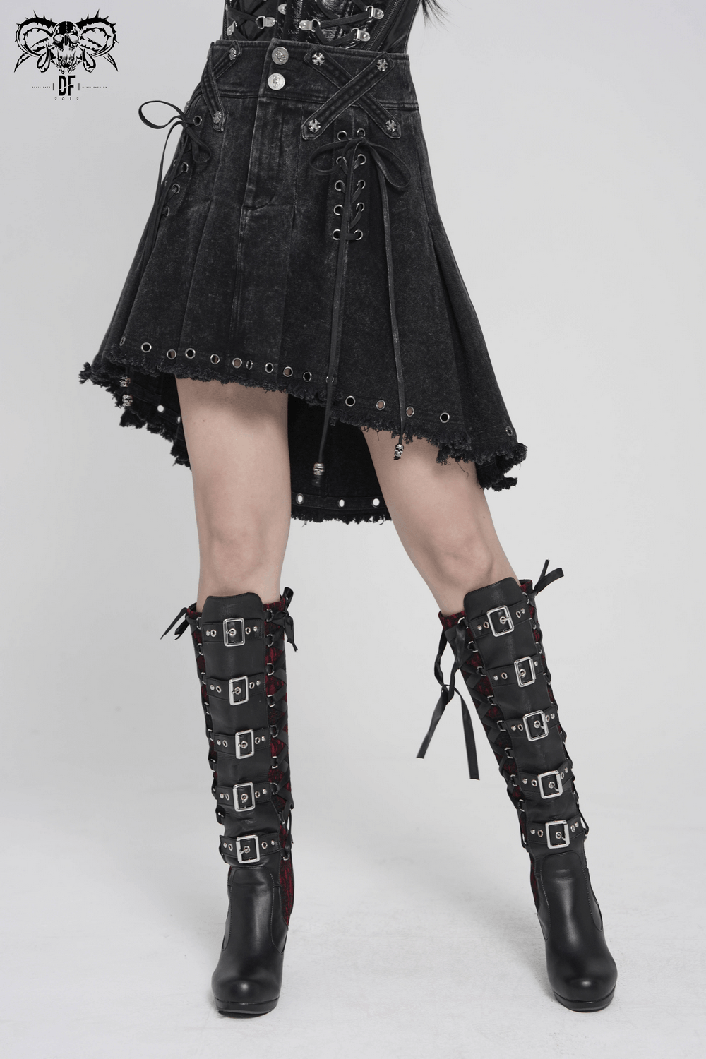 Women's Gothic Denim Skirt with Lace-Up Strap Details